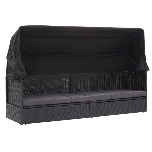 Fekete polyrattan kültéri kanapé napellenzővel - utánvéttel vagy ingyenes szállítással