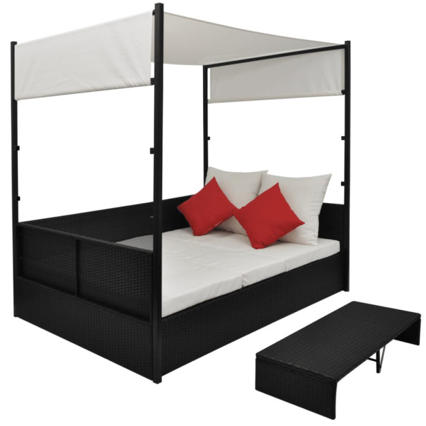 Fekete polyrattan napellenzős kerti ágy 190 x 130 cm - utánvéttel vagy ingyenes szállítással